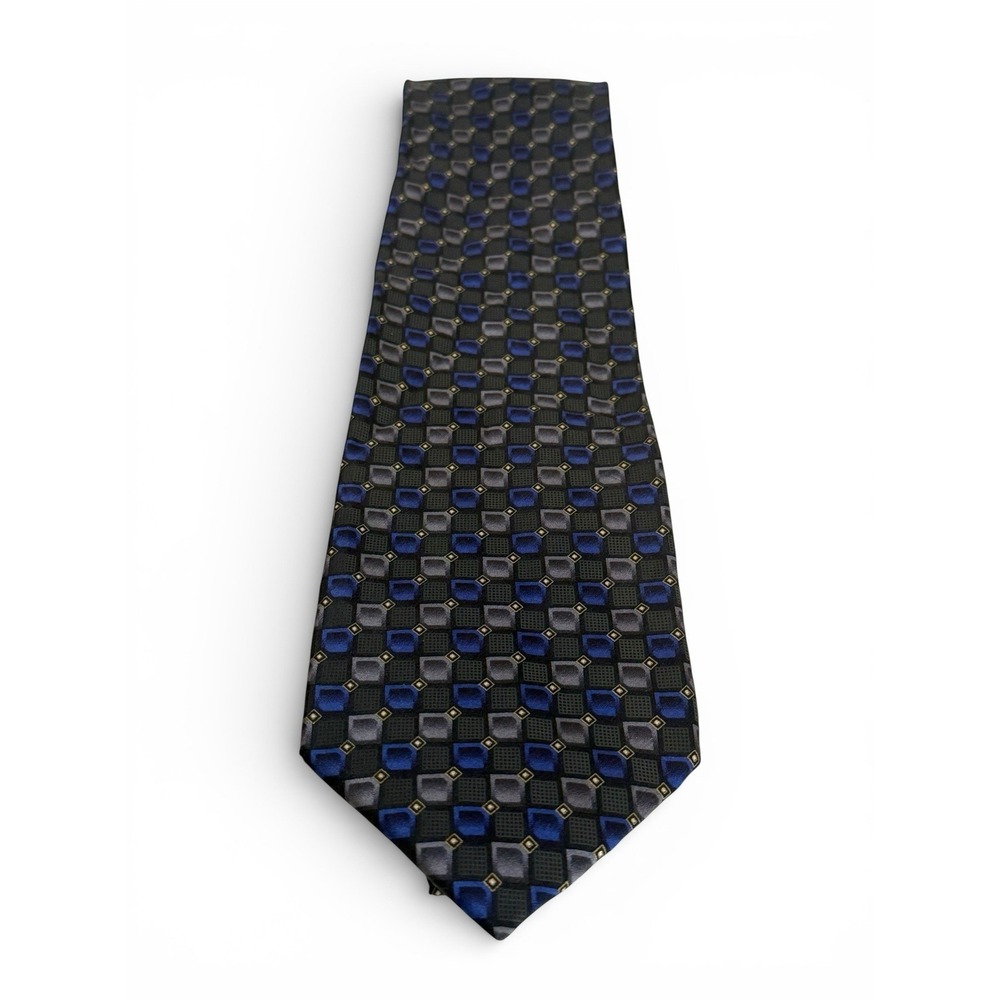 Mosaic Pure Silk Necktie Geometric Blue Gray Mens Handmade Italy Style
